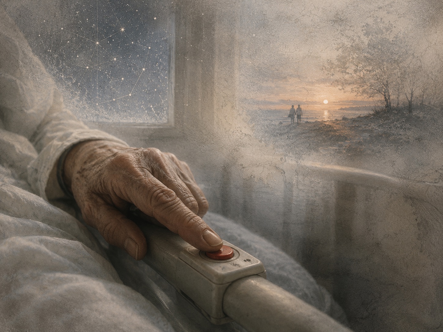 A weathered hand rests on a call button; a constellation and a distant shore appear beyond the window.