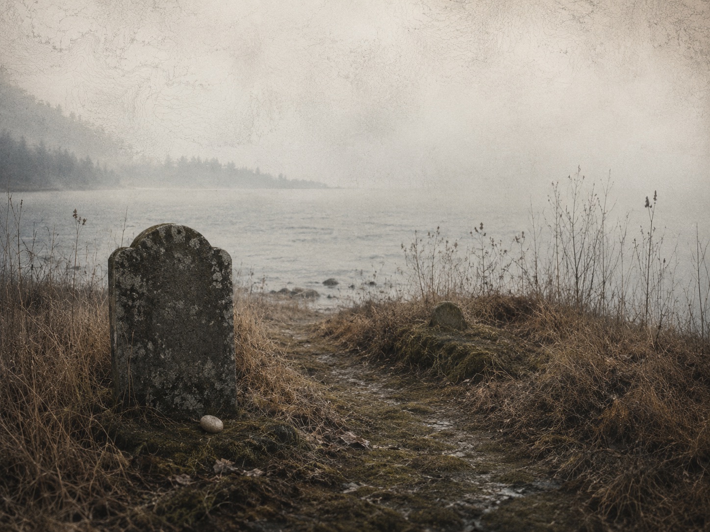 A lichen-covered headstone by a misty shore, a pale pebble resting at its base.